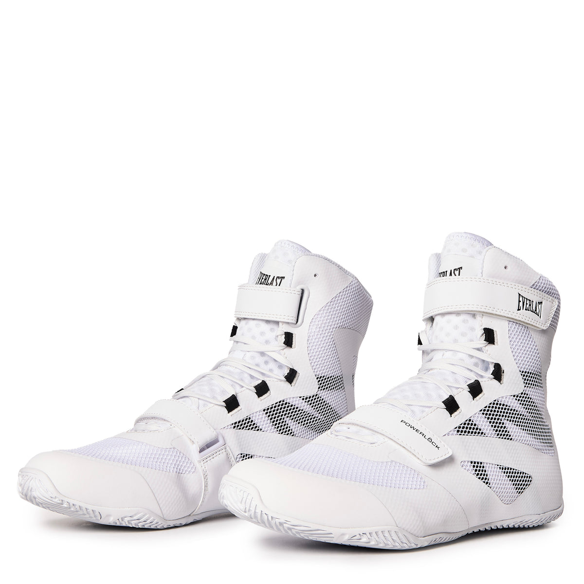 A pair of White/Black Everlast boxing boots with black accents, shown from a three-quarters angle on a clean background.