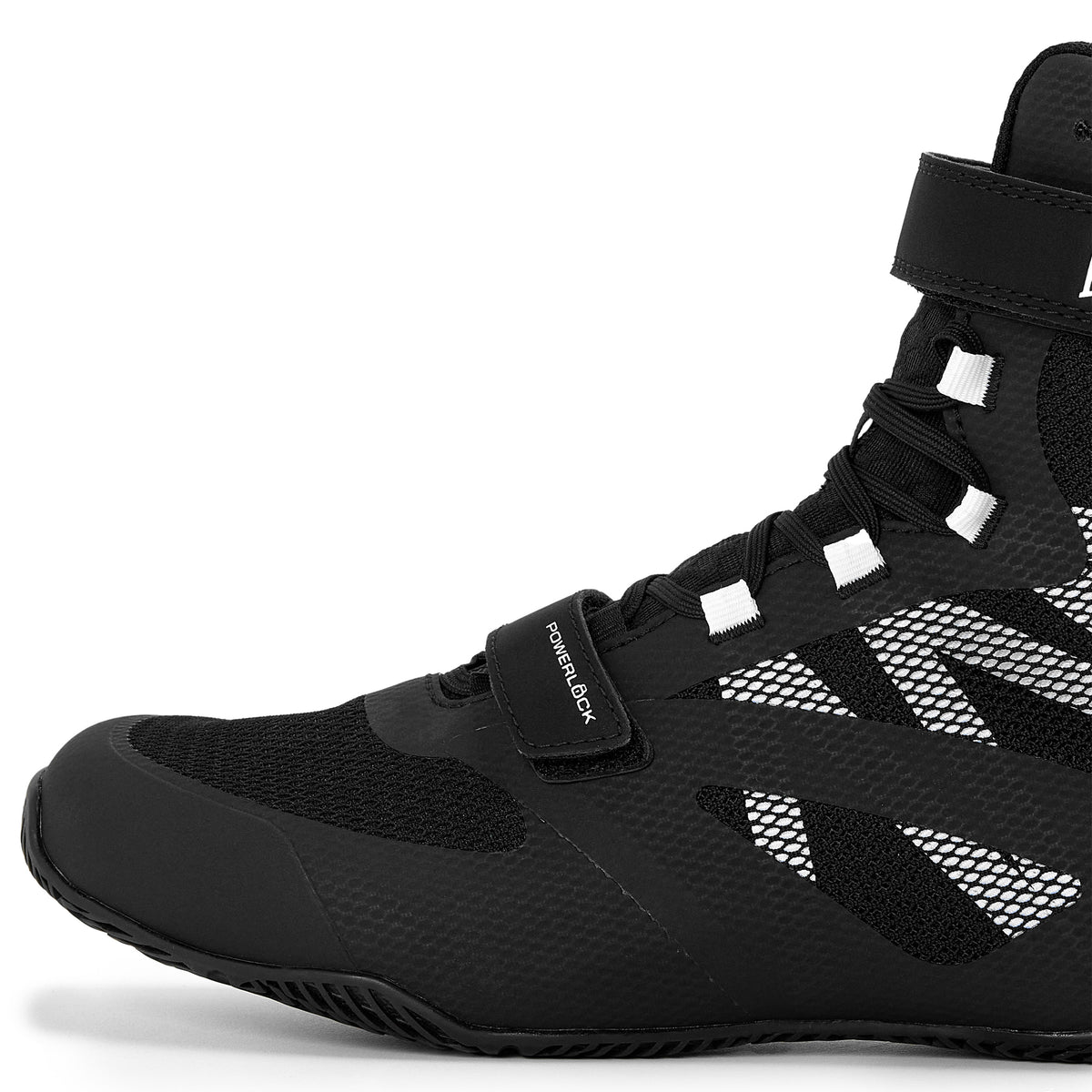 A high-top athletic shoe with mesh panels, a hook-and-loop strap closure, and white accent details, shown against a plain background. Black/White - Powerlock Pro Boxing Shoes