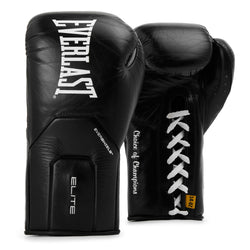 A pair of black Everlast Elite boxing gloves, one showing the front with 'EVERLAST' branding and the other showing the laces with 'Cluster of Champions' text, on a plain background.