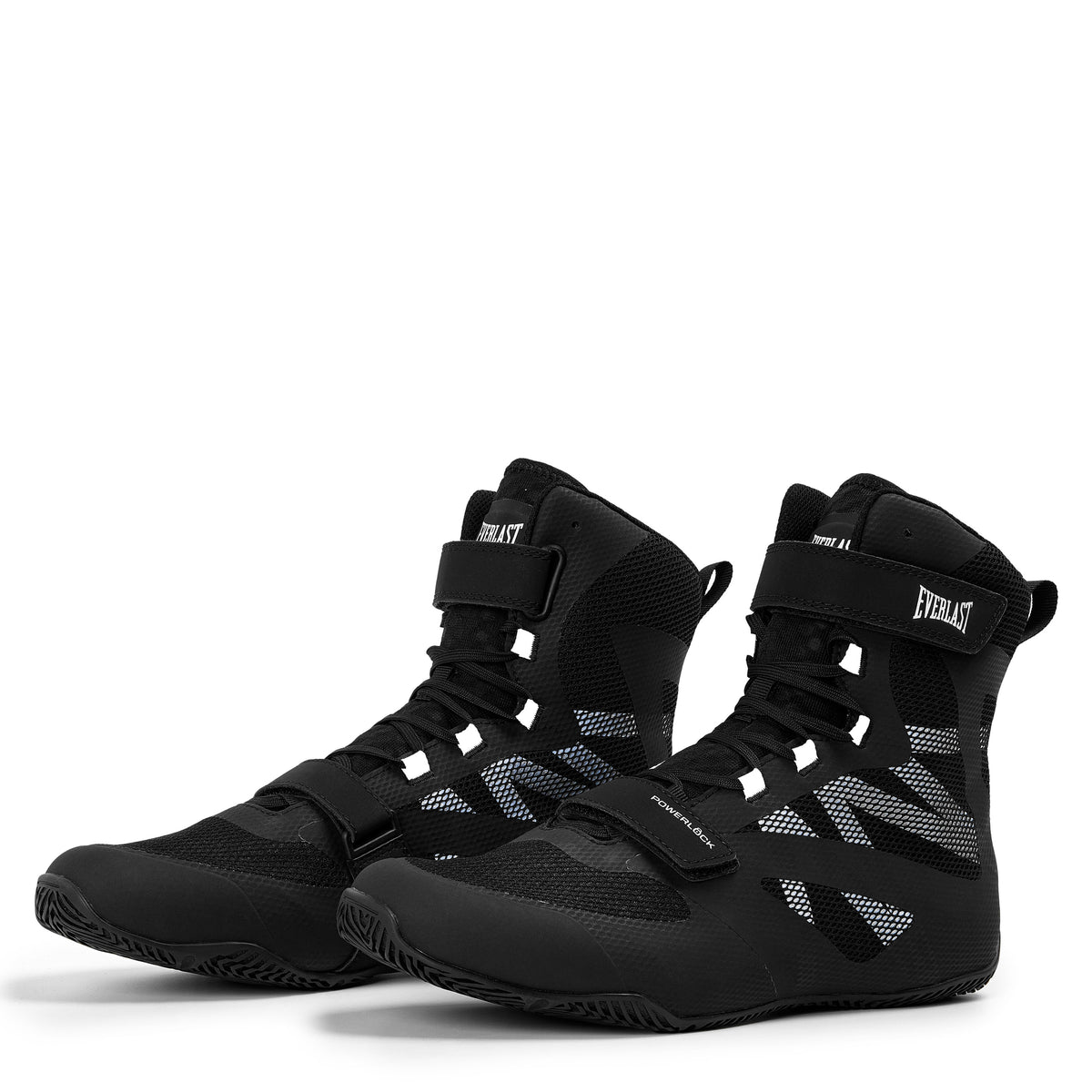 A pair of Black/White - Powerlock Pro Boxing Shoes Everlast high-top boxing shoes with mesh side panels and hook-and-loop strap closures, shown on a clean background.