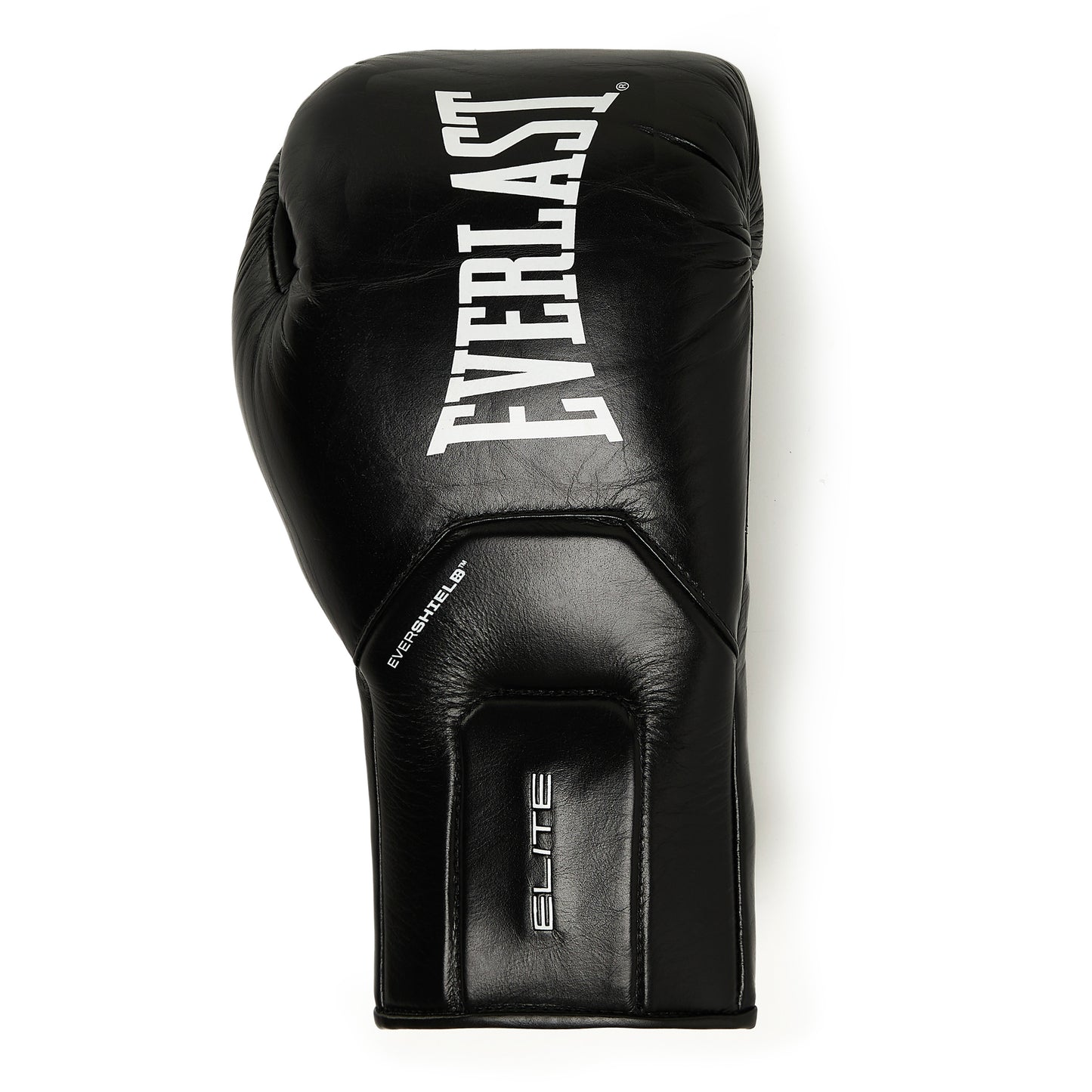 A single black Everlast boxing glove with branding, shown from a side profile view against a plain plain background.