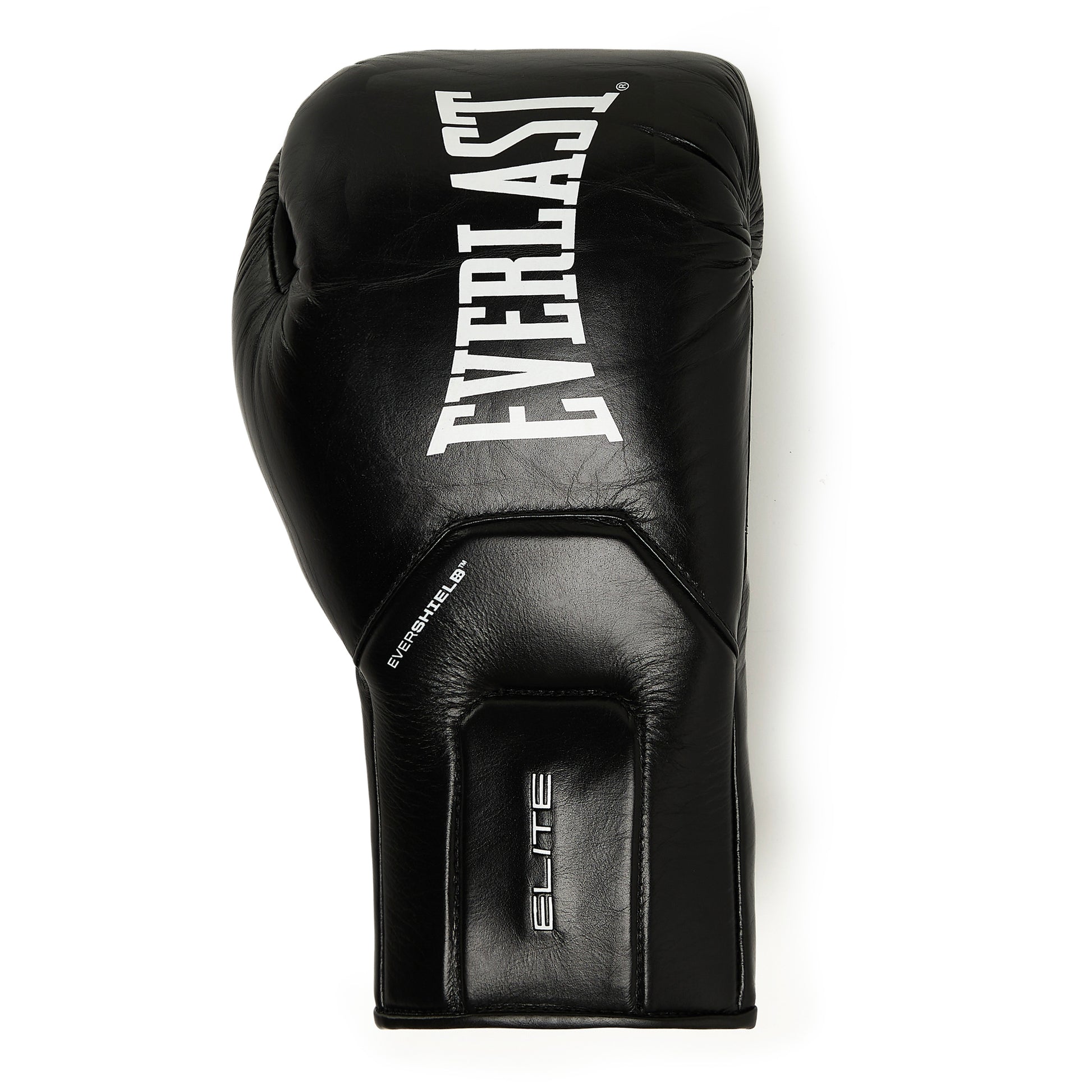 A single black Everlast boxing glove with branding, shown from a side profile view against a plain plain background.