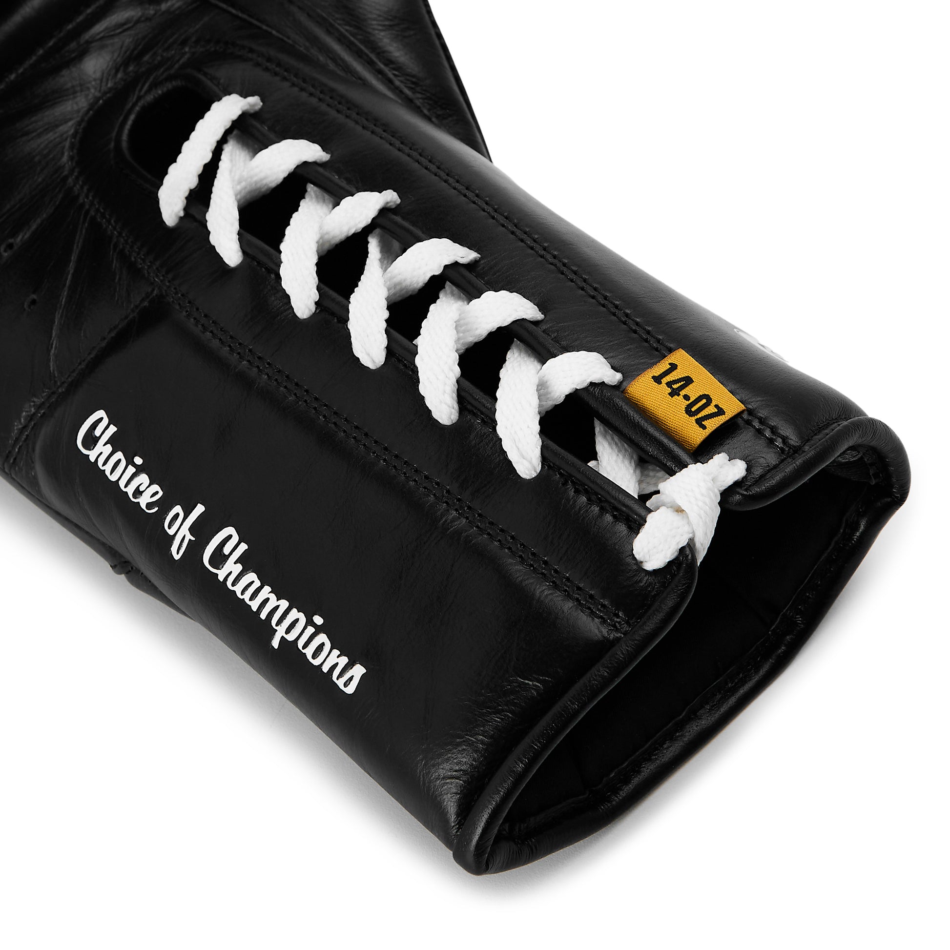 Close-up of a black leather boxing glove with light laces, featuring the text 'Choice of Champions' and a small yellow tag marked '14-OZ'.