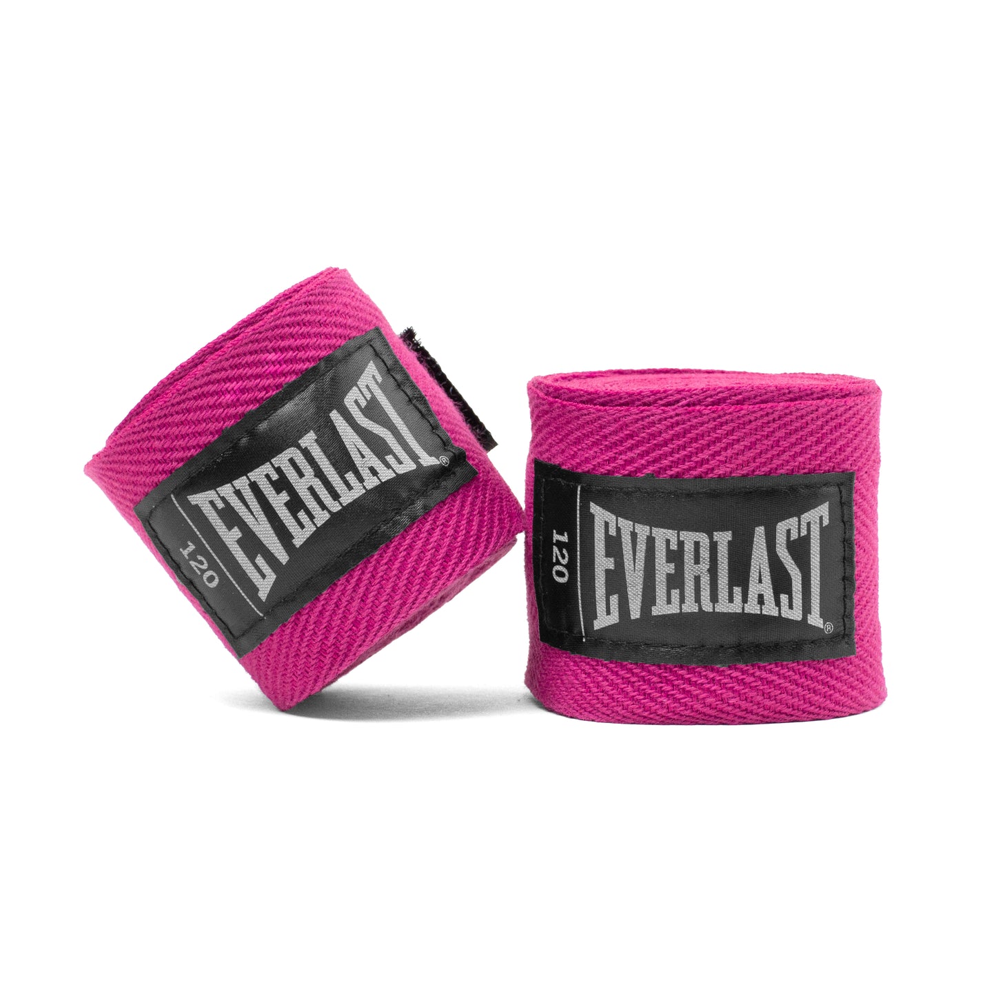 Two pink Everlast hand wraps, one standing upright and the other tilted, on a clean white background.