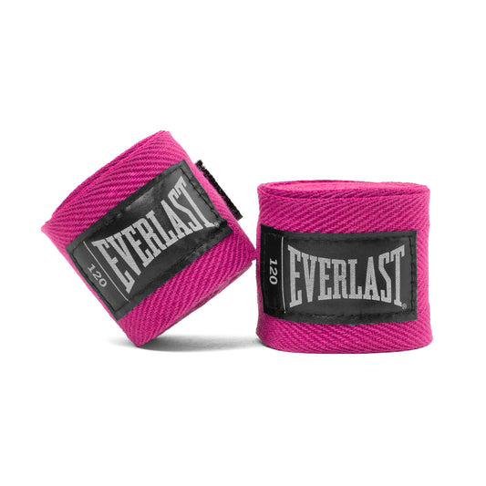 Two pink Everlast hand wraps, one standing upright and the other tilted, on a clean white background. view 1