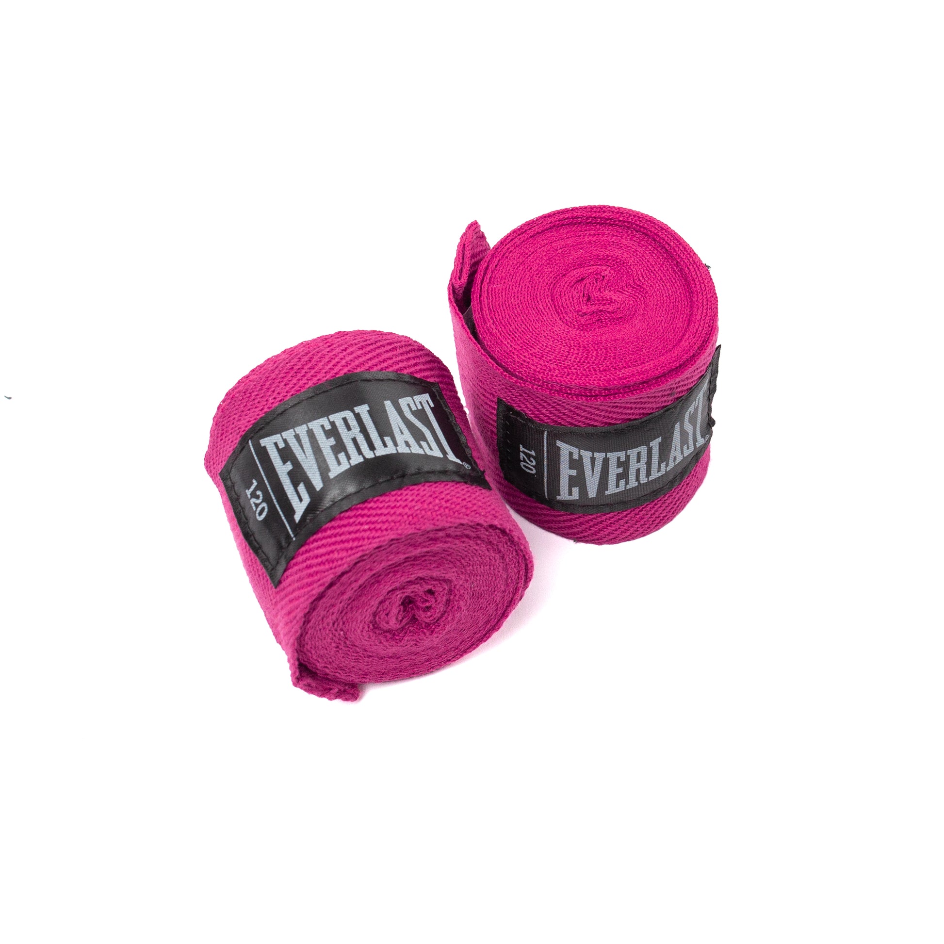 Two rolls of pink Everlast boxing hand wraps with black brand labels, displayed on a clean white background.