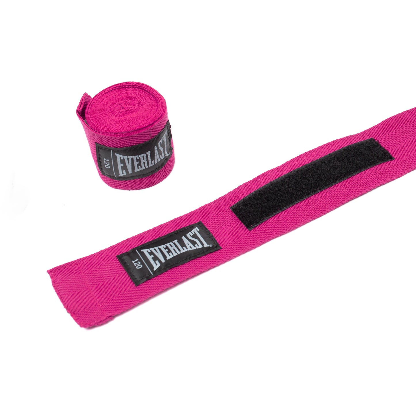 Bright pink Everlast hand wraps shown unrolled with a black velcro patch and a black brand label, alongside a rolled-up pair on a white background.