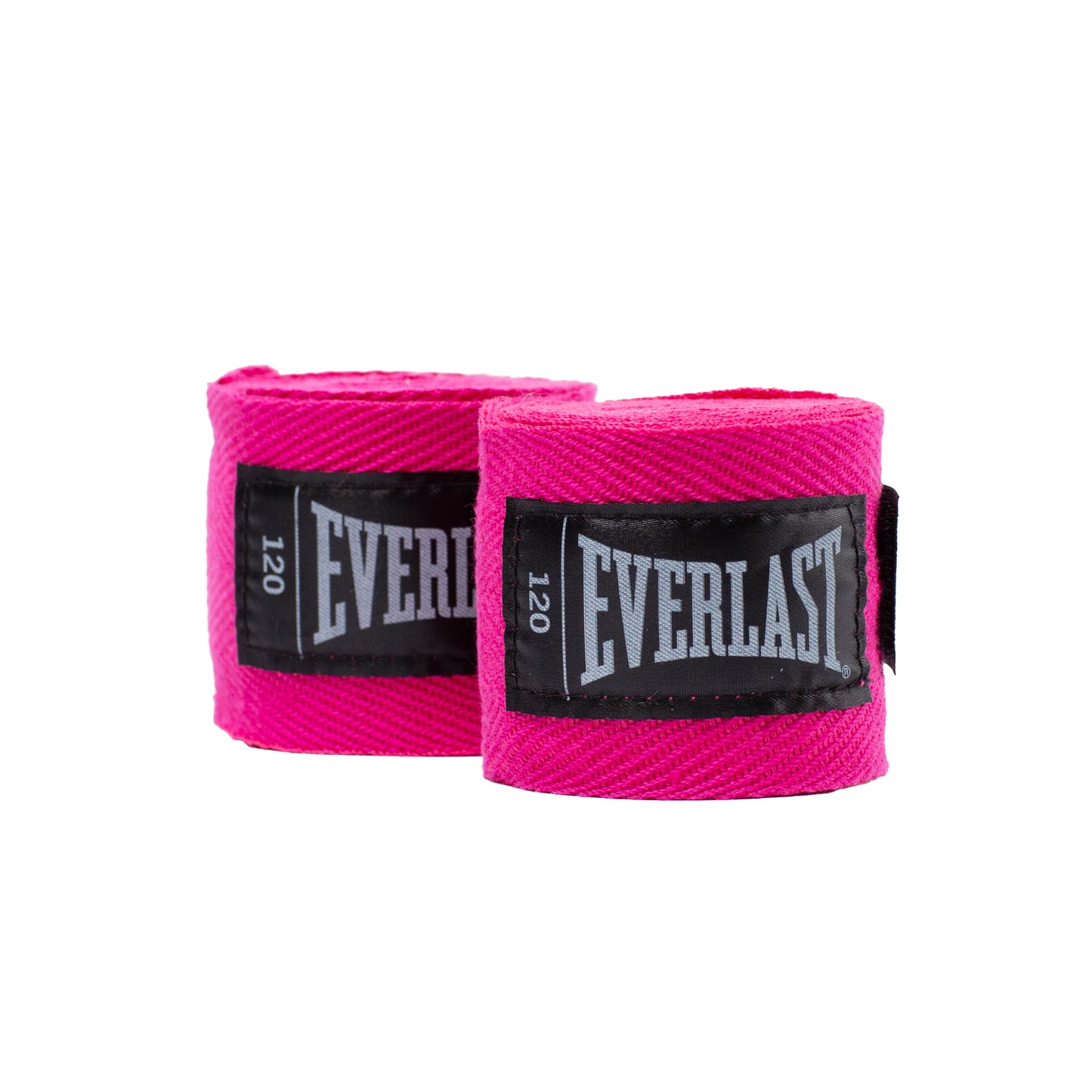 Two bright pink Everlast wrist wraps with black brand patches, displayed on a clean white background.