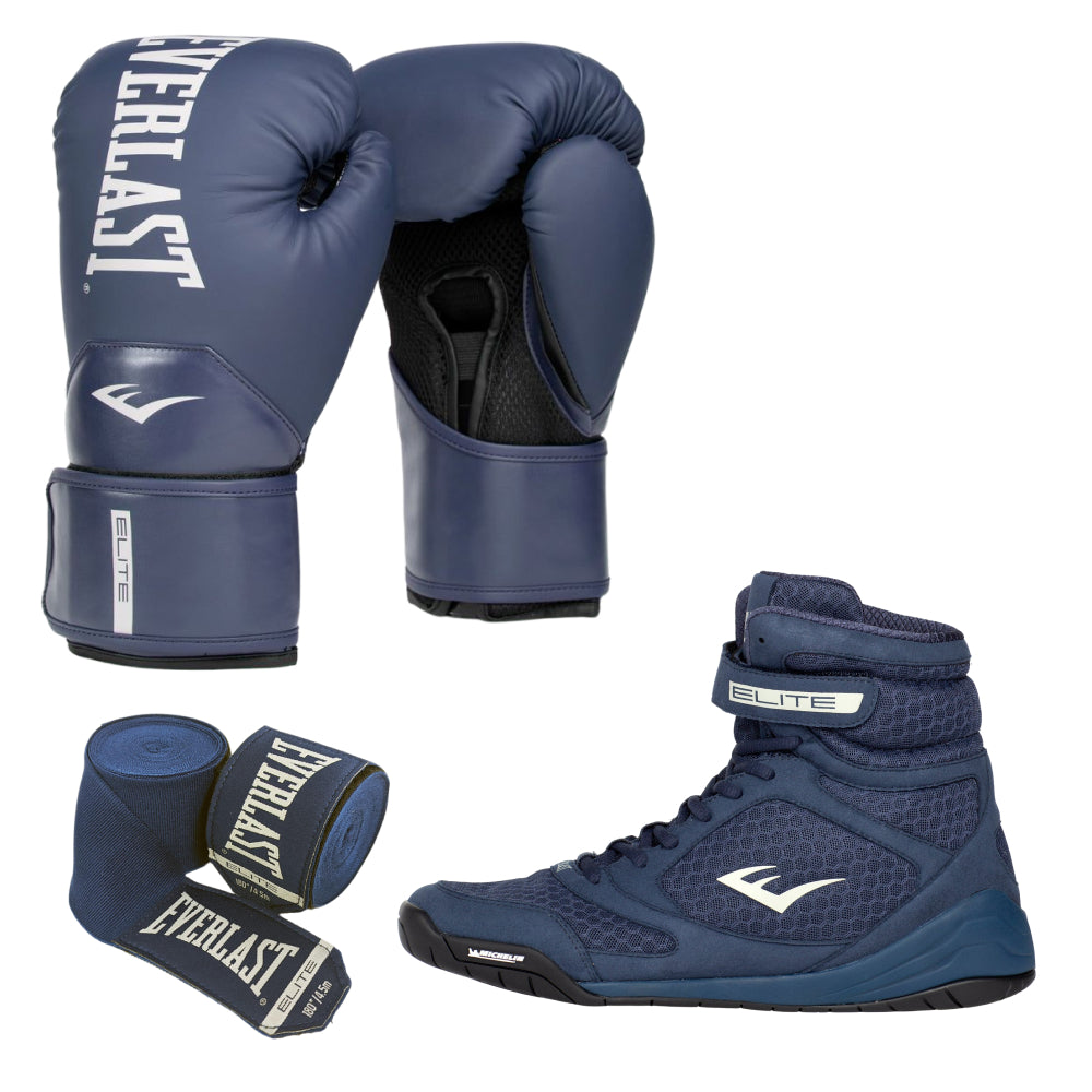 Blue Elite Boxing Shoe, Glove and Hand Wrap Bundle