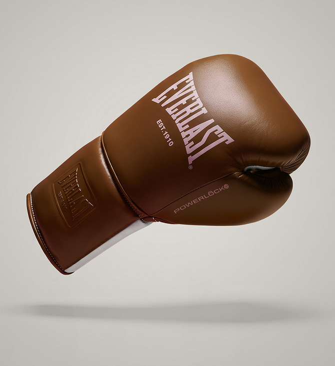 A single Everlast boxing glove in dark brown leather, floating against a light gray studio background with a soft shadow underneath. The glove features the Everlast logo in a light pinkish-purple color on the back and 'POWERLOCK' on the side.