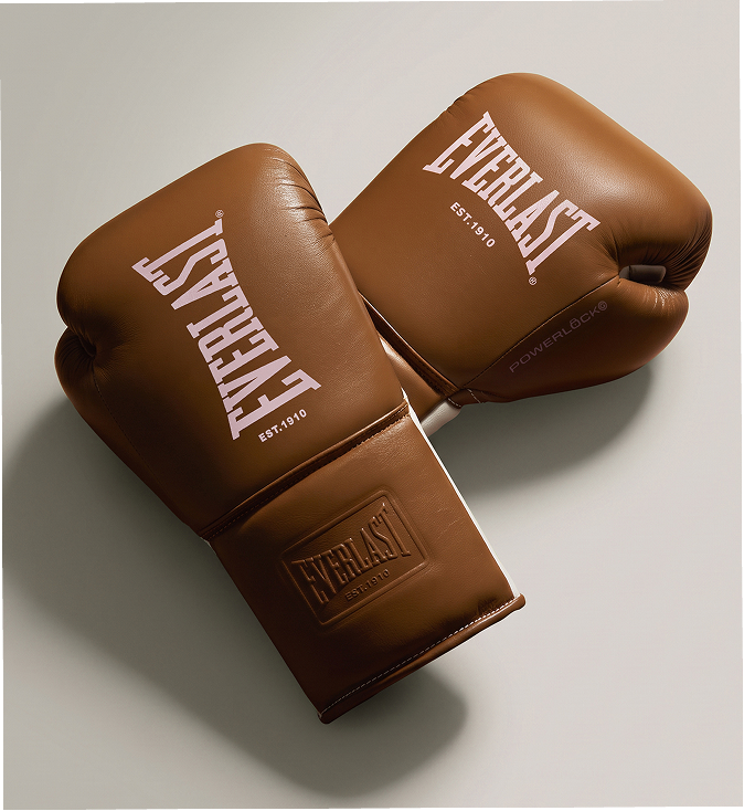 A pair of Everlast boxing gloves in brown leather, arranged diagonally on a light gray background. The gloves feature the brand name 'EVERLAST' in white arched lettering on the front and wrist strap, with 'POWERLOCK' printed in small white text on the side.