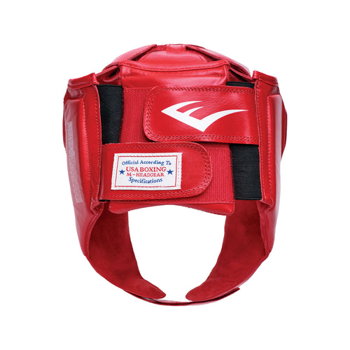 Red boxing headgear with 'Everlast' branding on a white background