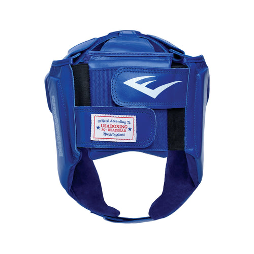 Blue boxing headgear with 'Everlast' branding on a white background