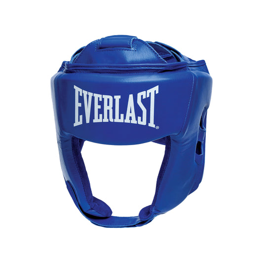 Blue boxing headgear with 'Everlast' branding on a white background view 2