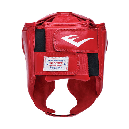 Red boxing headgear with 'Everlast' branding on a white background