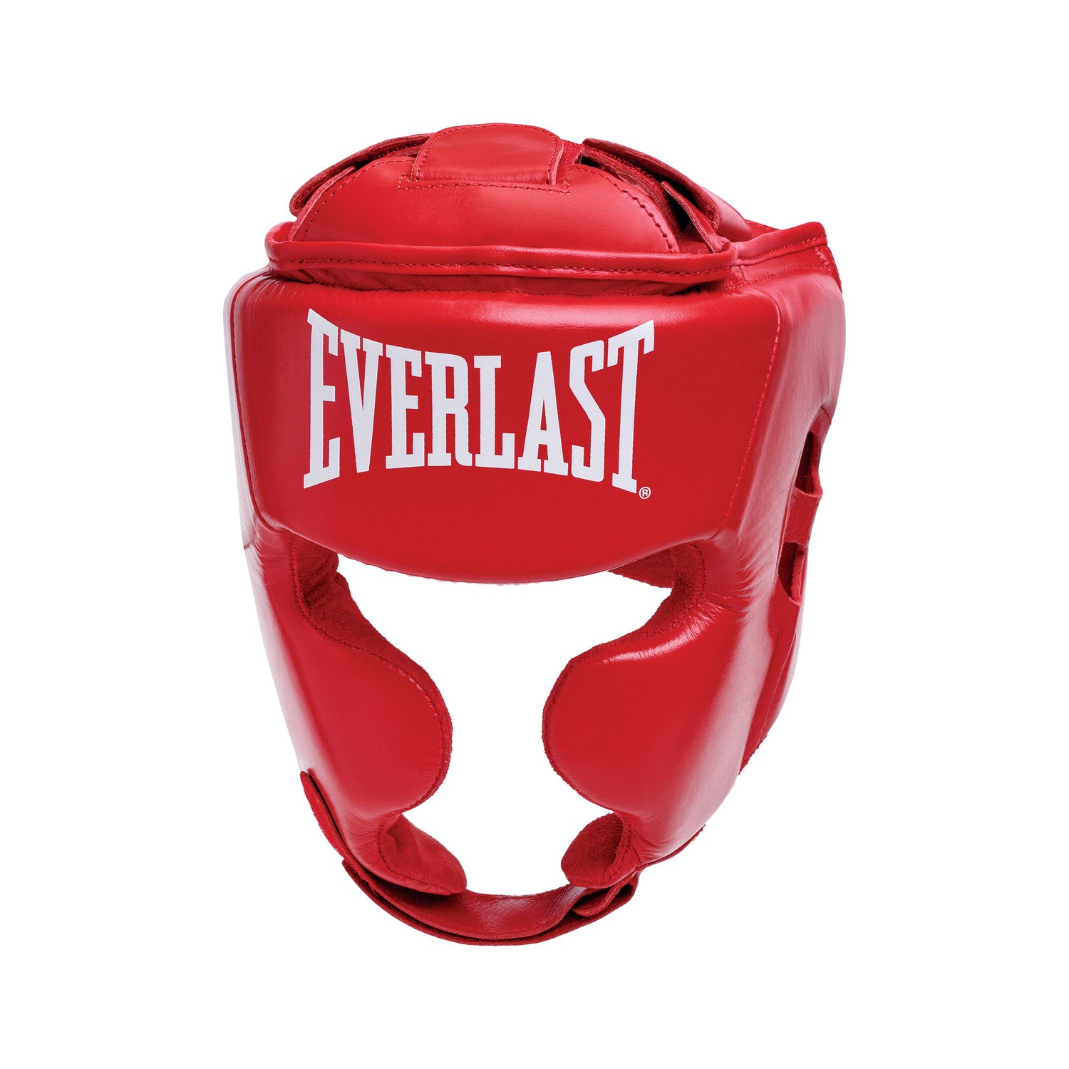 Red boxing headgear with 'Everlast' branding on a white background