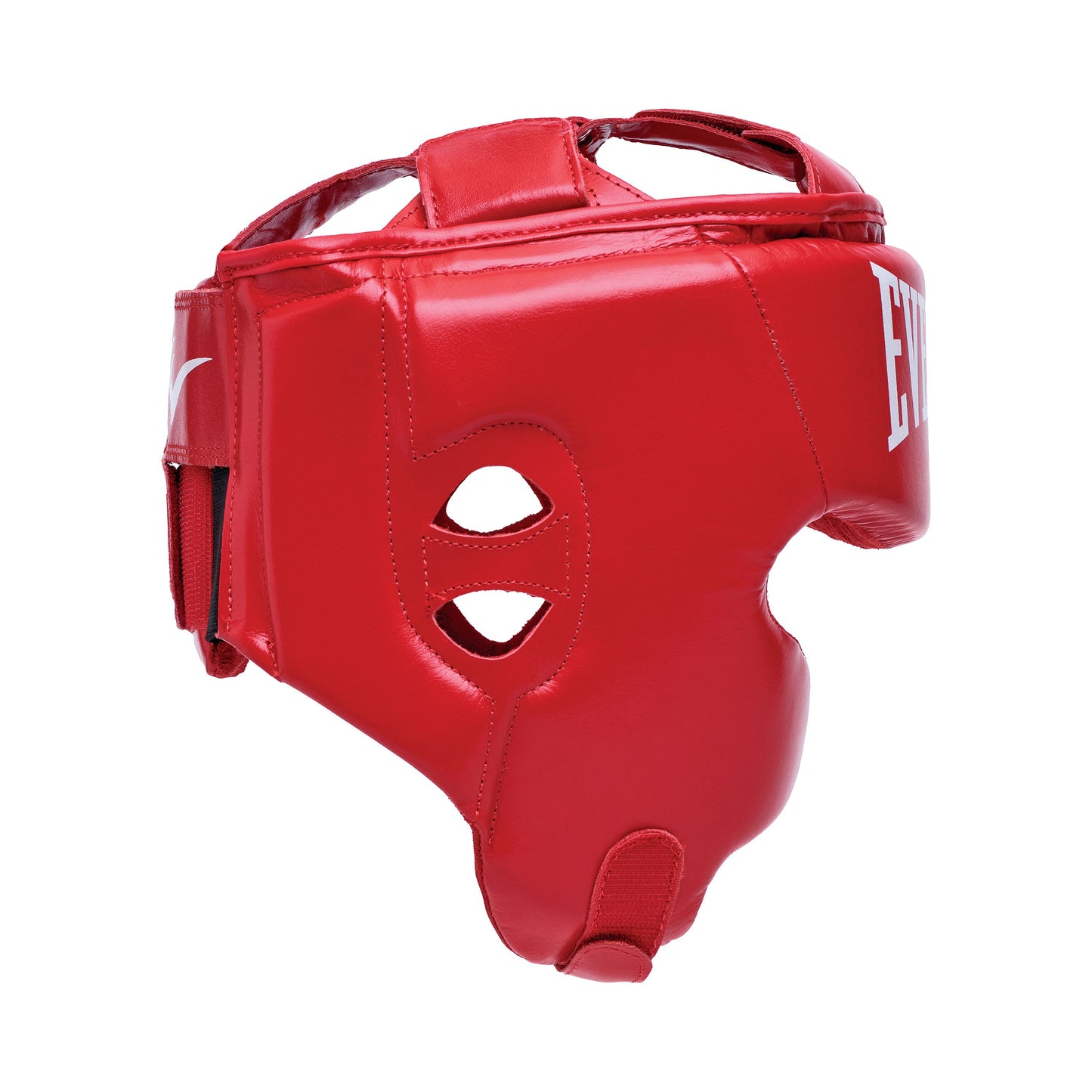 Red boxing headgear with 'Everlast' branding on a white background