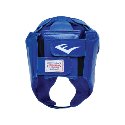 Blue boxing headgear with 'Everlast' branding on a white background