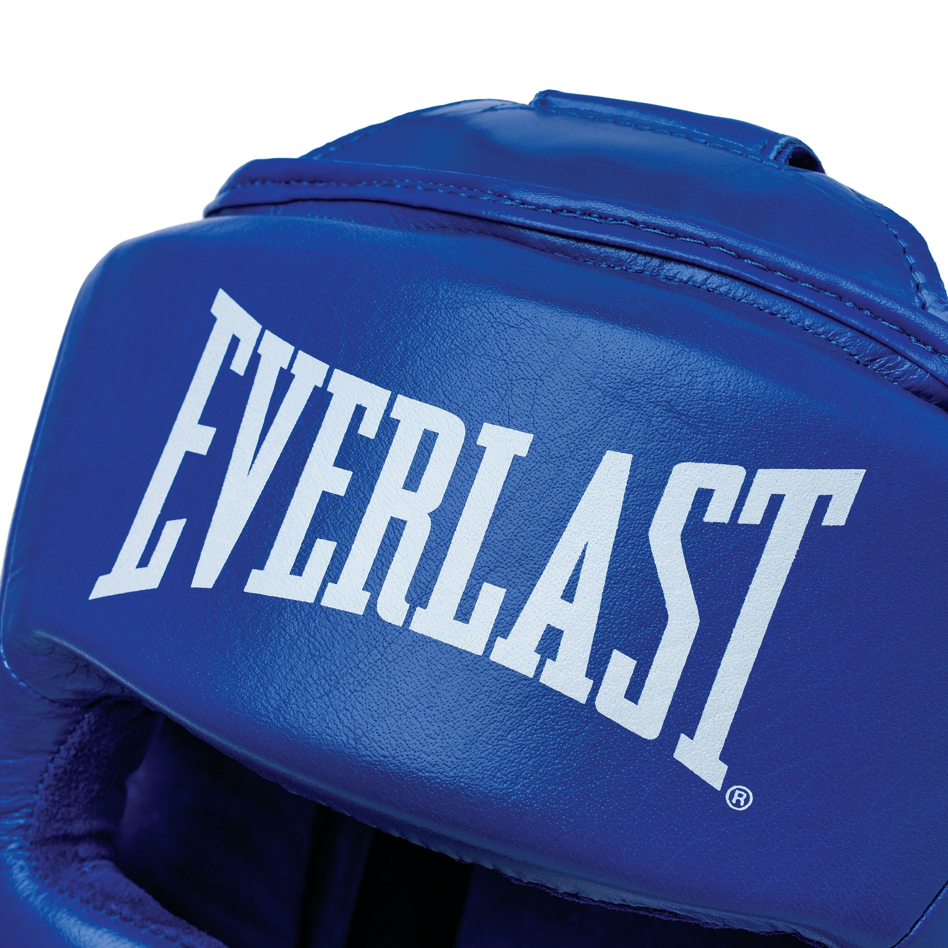 Blue boxing headgear with 'Everlast' branding on a white background