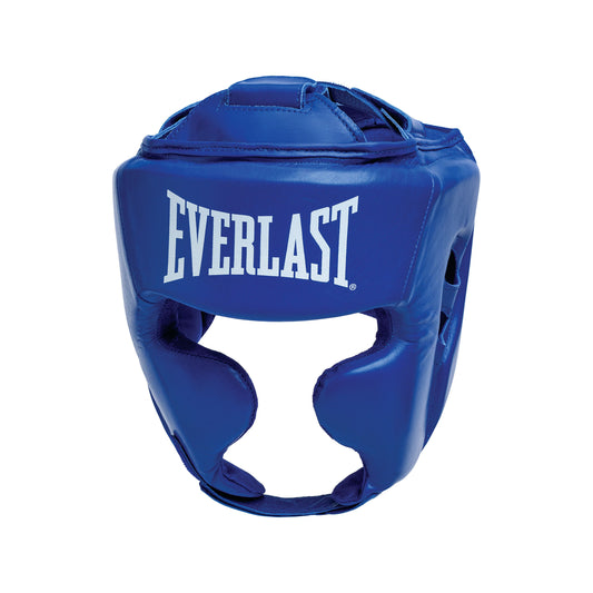 Blue boxing headgear with 'Everlast' branding on a white background view 2