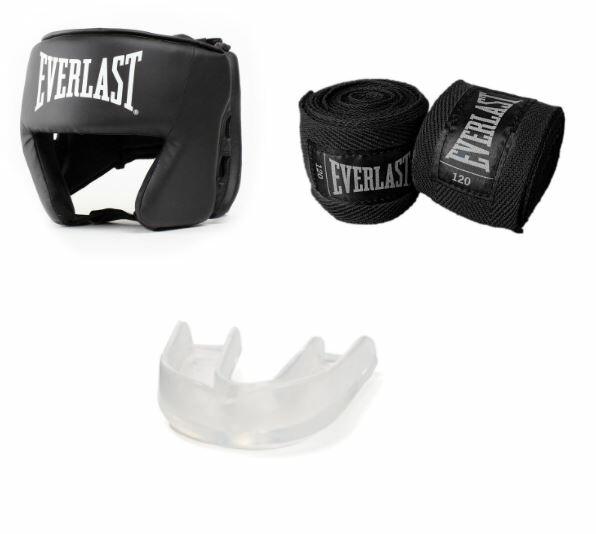 Everlast head gear, mouthguard, and hand wraps