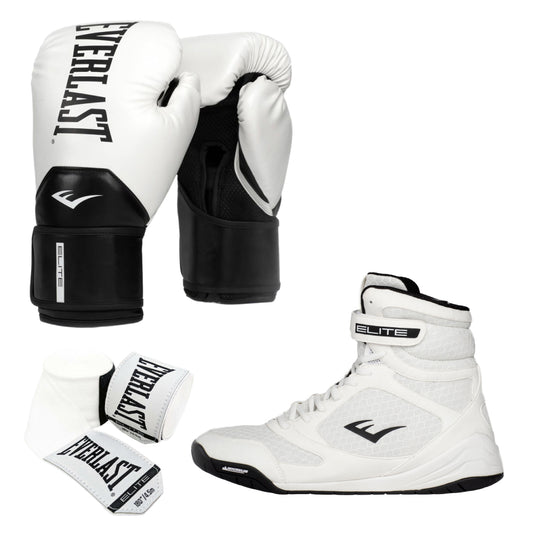 White Elite Boxing Shoe, Glove and Hand Wrap Bundle view 1