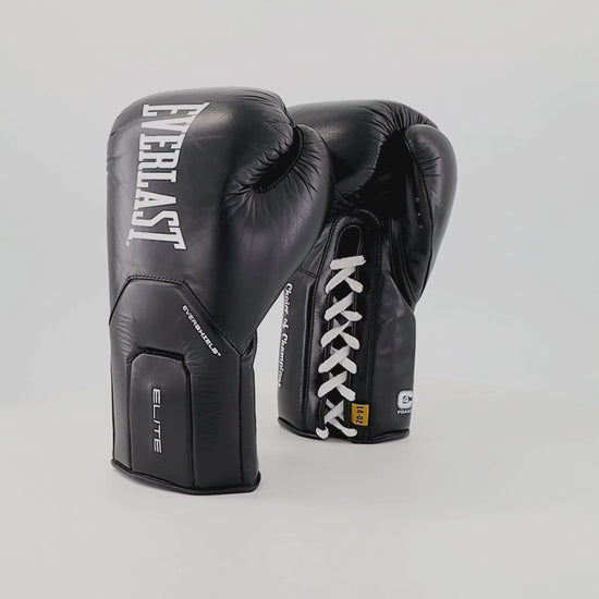 A pair of black Everlast Elite boxing gloves, one showing the front with 'EVERLAST' branding and the other showing the laces with 'Cluster of Champions' text, on a plain background.