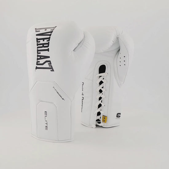 White Everlast Elite Pro Boxing gloves spinning in a studio setting.